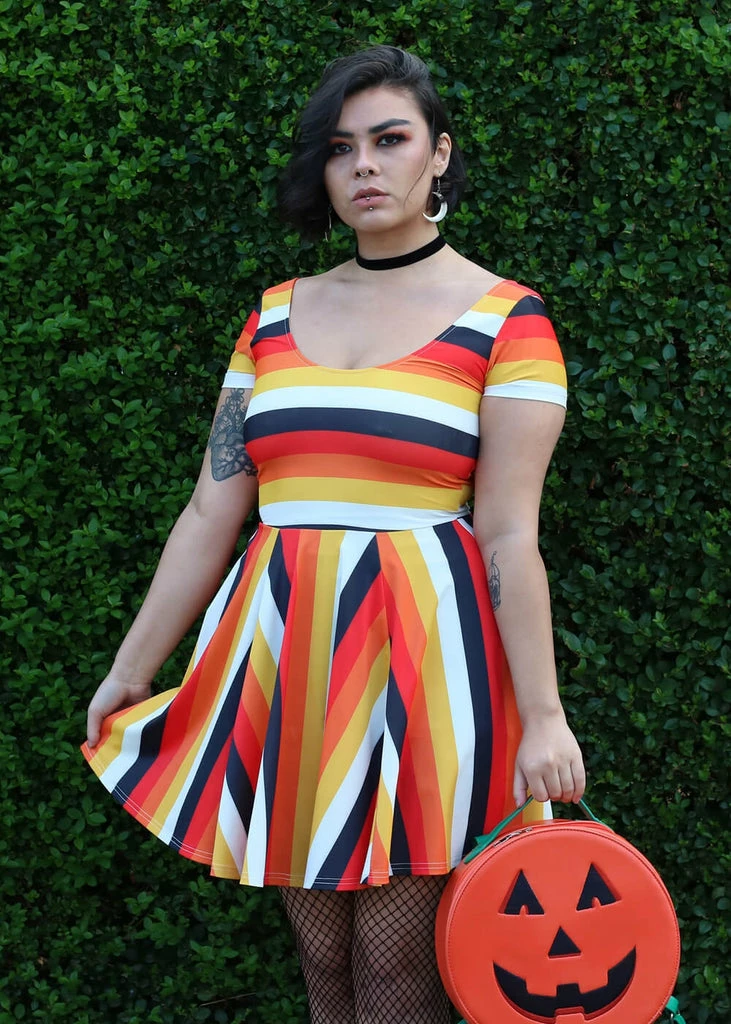 Collectif Lila Candy Corn Stripe 60's Skater Dress Orange - Image 2