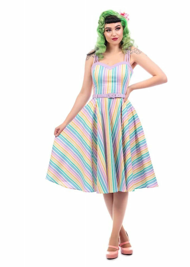 Collectif Nova Rainbow Stripes 50's Swing Dress Multi - Image 5