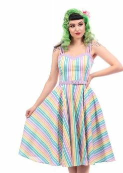 Collectif Nova Rainbow Stripes 50's Swing Dress Multi