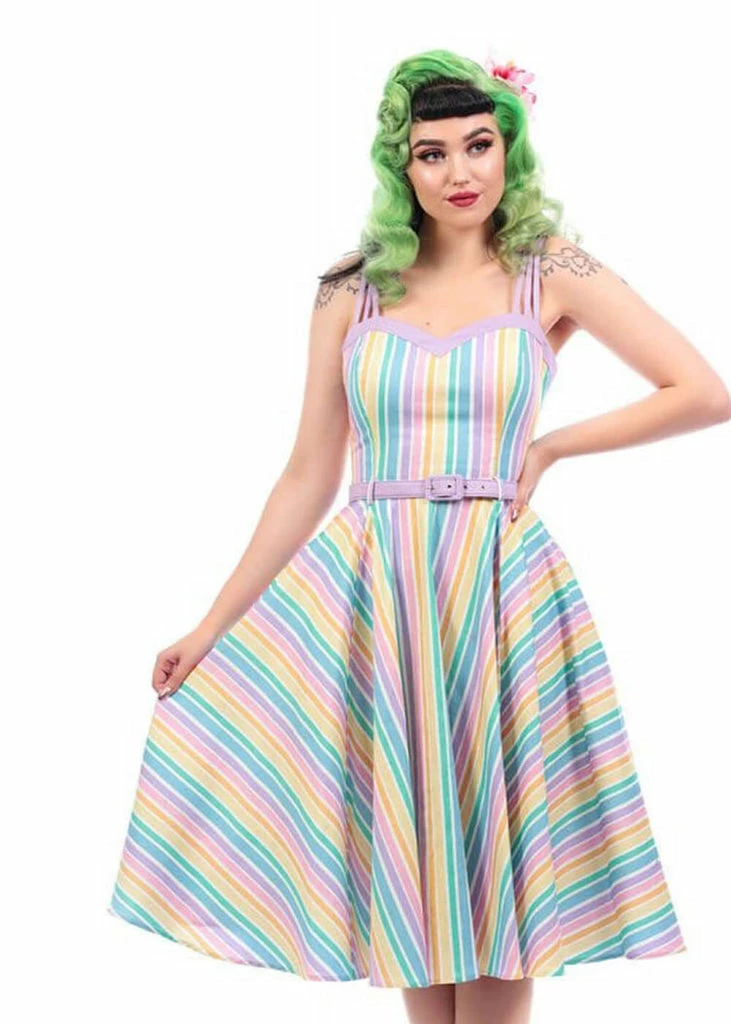Collectif Nova Rainbow Stripes 50's Swing Dress Multi