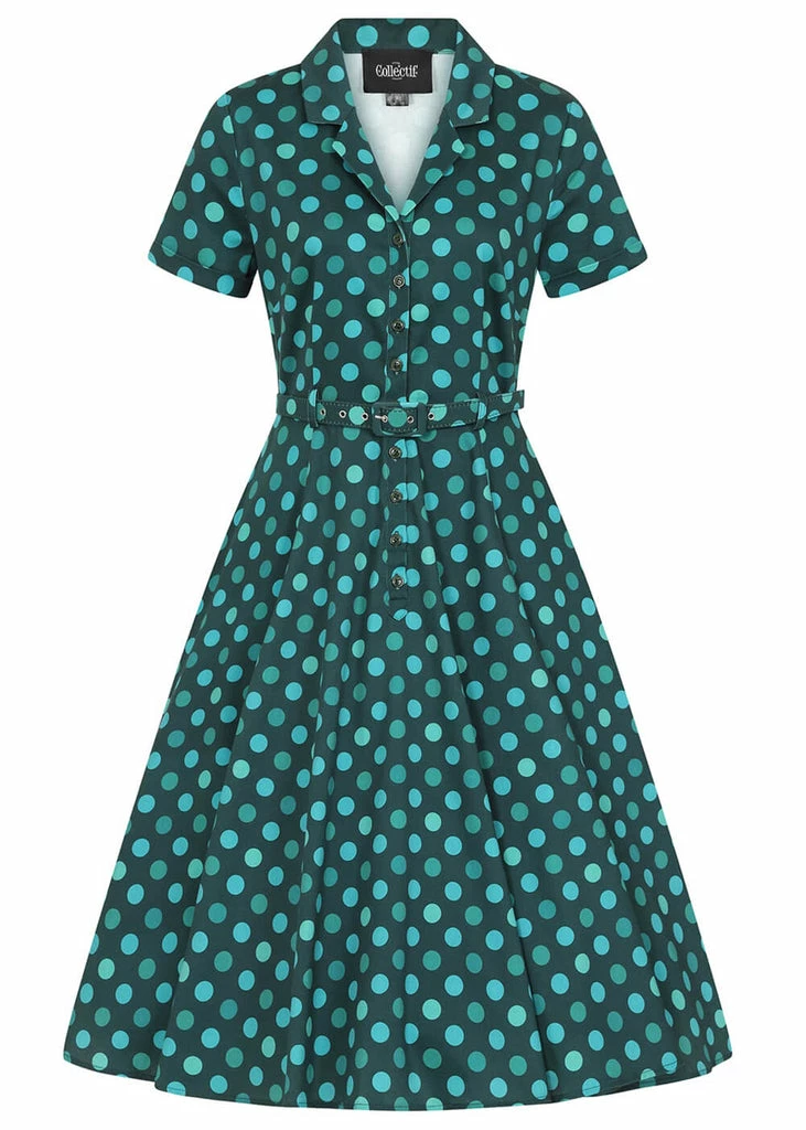 Collectif Caterina Jewel Polka 50's Swing Dress Green