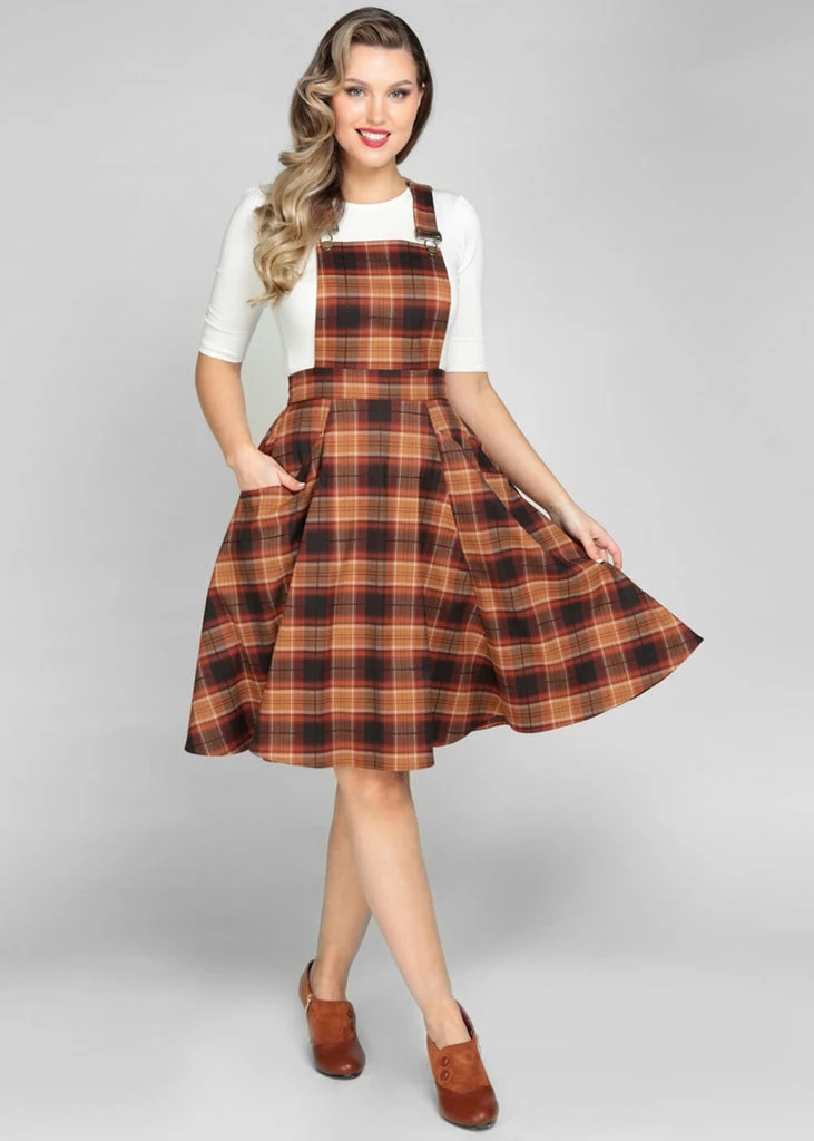 Collectif Kayden Chestnut Check 50's Swing Dress Brown - Image 2