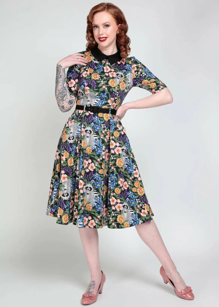 Collectif Winona Forest Floral Raccoon 50's Swing Dress Multi - Image 2