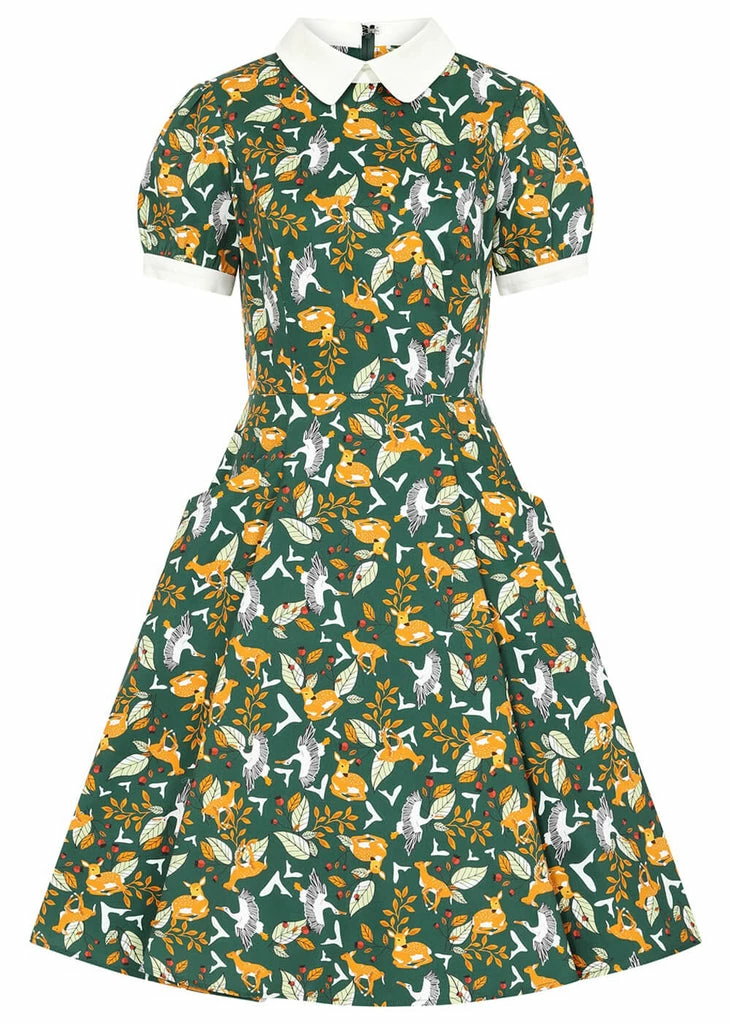 Collectif Peta Wild Berry Fields 40's Swing Dress Green - Image 3