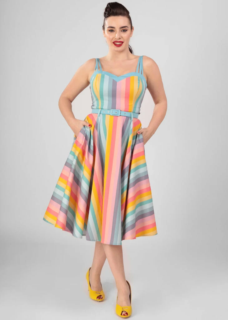 Collectif Nova Dreamy Rainbow Stripe 50's Swing Dress Multi - Image 2