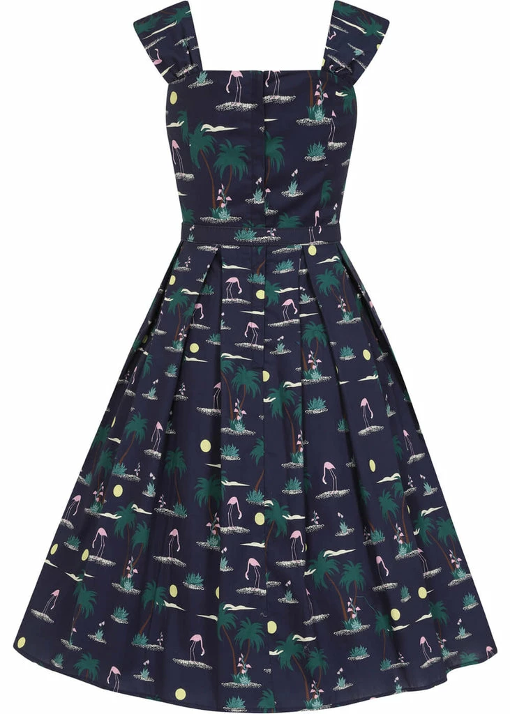 Collectif Jill Flamingo Palm 50's Swing Dress Navy - Image 4