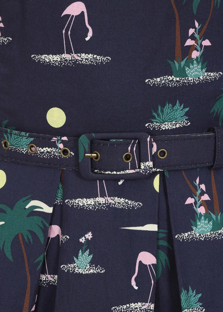 Collectif Jill Flamingo Palm 50's Swing Dress Navy - Image 2