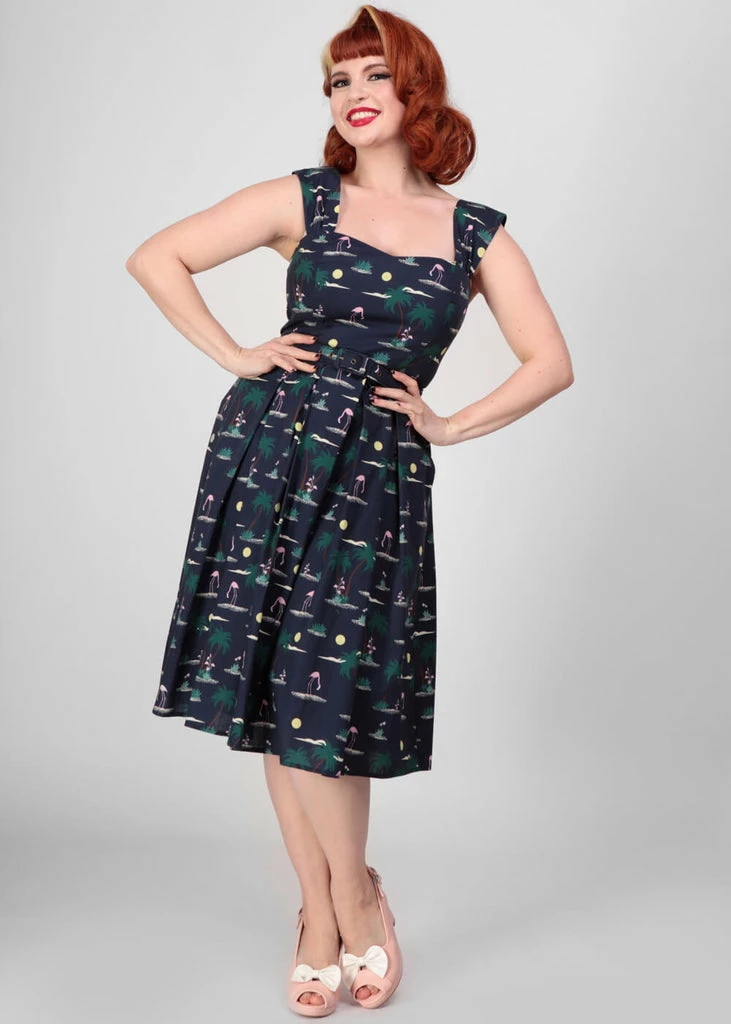 Collectif Jill Flamingo Palm 50's Swing Dress Navy - Image 3