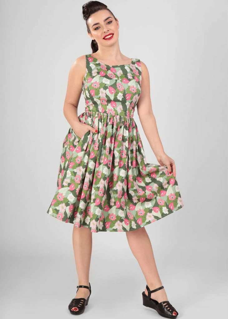 Collectif Candice Palm Blush Floral 50's Swing Dress Green - Image 2