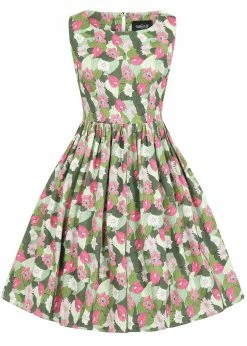 Collectif Candice Palm Blush Floral 50's Swing Dress Green