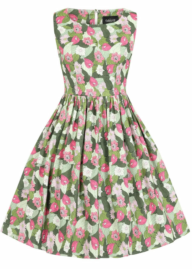 Collectif Candice Palm Blush Floral 50's Swing Dress Green