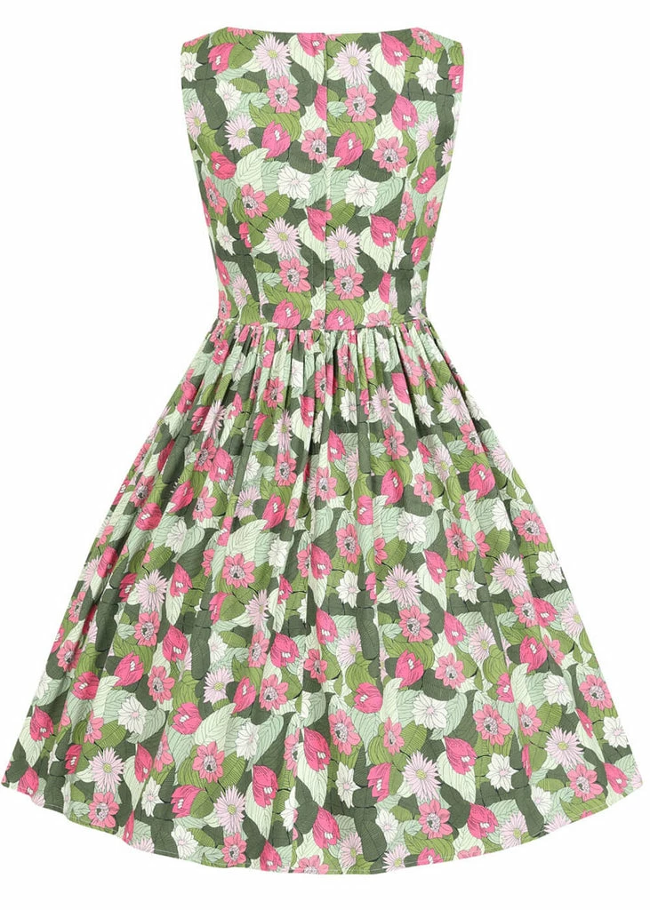 Collectif Candice Palm Blush Floral 50's Swing Dress Green - Image 3