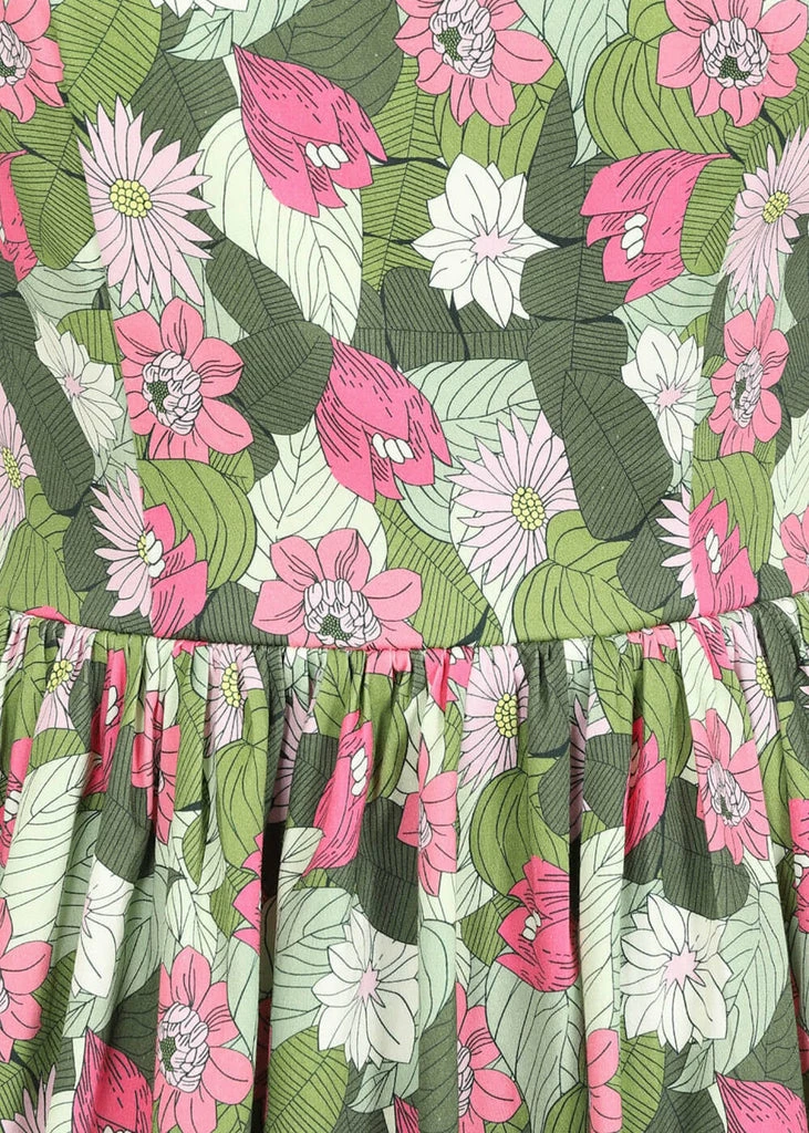 Collectif Candice Palm Blush Floral 50's Swing Dress Green - Image 4