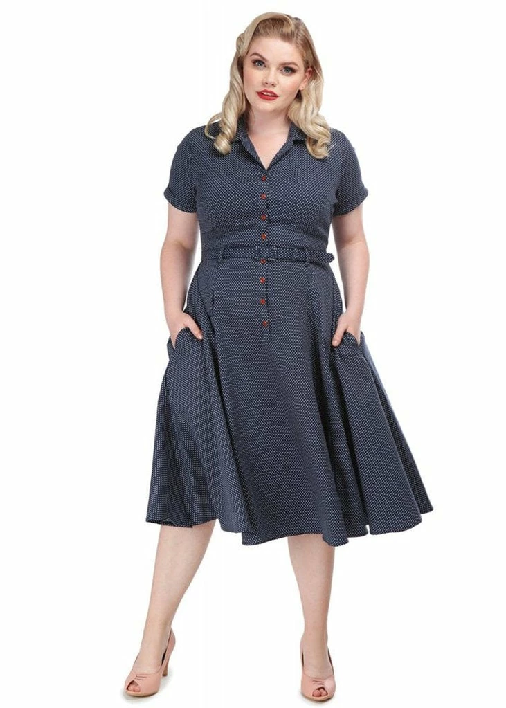 Collectif Caterina Polkadot 50's Swing Dress Navy - Image 6