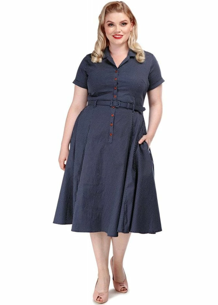 Collectif Caterina Polkadot 50's Swing Dress Navy - Image 2