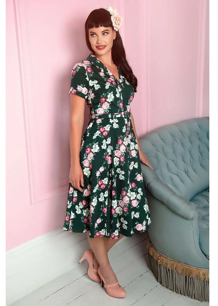 Collectif Caterina Vintage Bloom 40's Swing Dress Green - Image 4