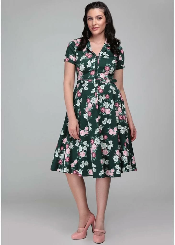 Collectif Caterina Vintage Bloom 40's Swing Dress Green - Image 3