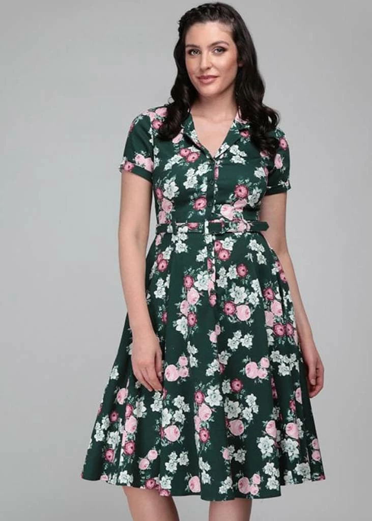 Collectif Caterina Vintage Bloom 40's Swing Dress Green - Image 2