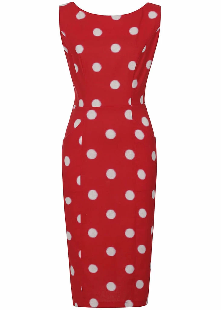 Collectif Hepburn Painted Polka 50's Pencil Dress Red - Image 2