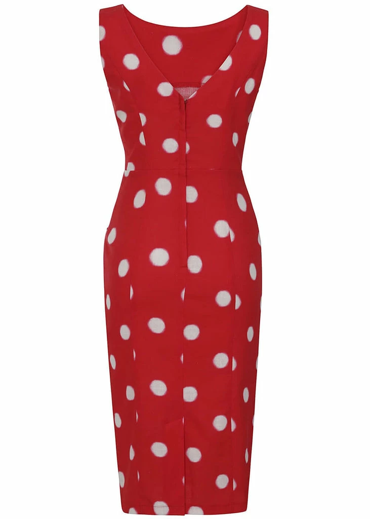 Collectif Hepburn Painted Polka 50's Pencil Dress Red - Image 4