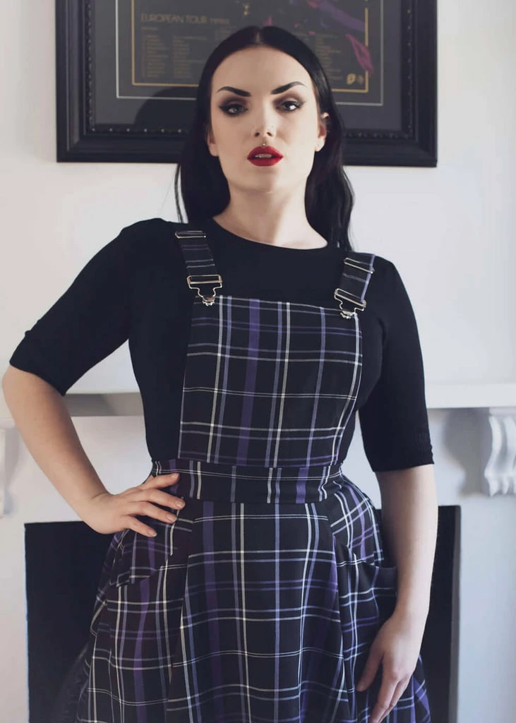 Collectif Kayden Nancy Check Overalls 60's Swing Dress Black - Image 5