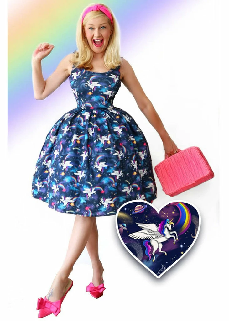 Dolly & Dotty Amanda Unicorn 50's Swing Dress Navy - Image 2
