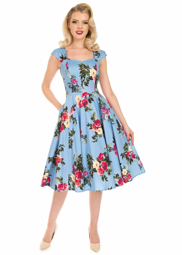Hearts & Roses Jolene Floral 50's Swing Dress Blue - Image 2