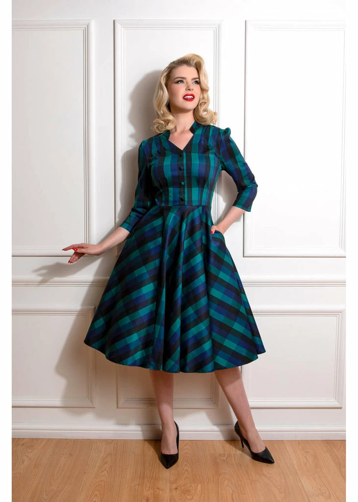 Hearts & Roses Louisa Check 50's Swing Dress Navy - Image 2