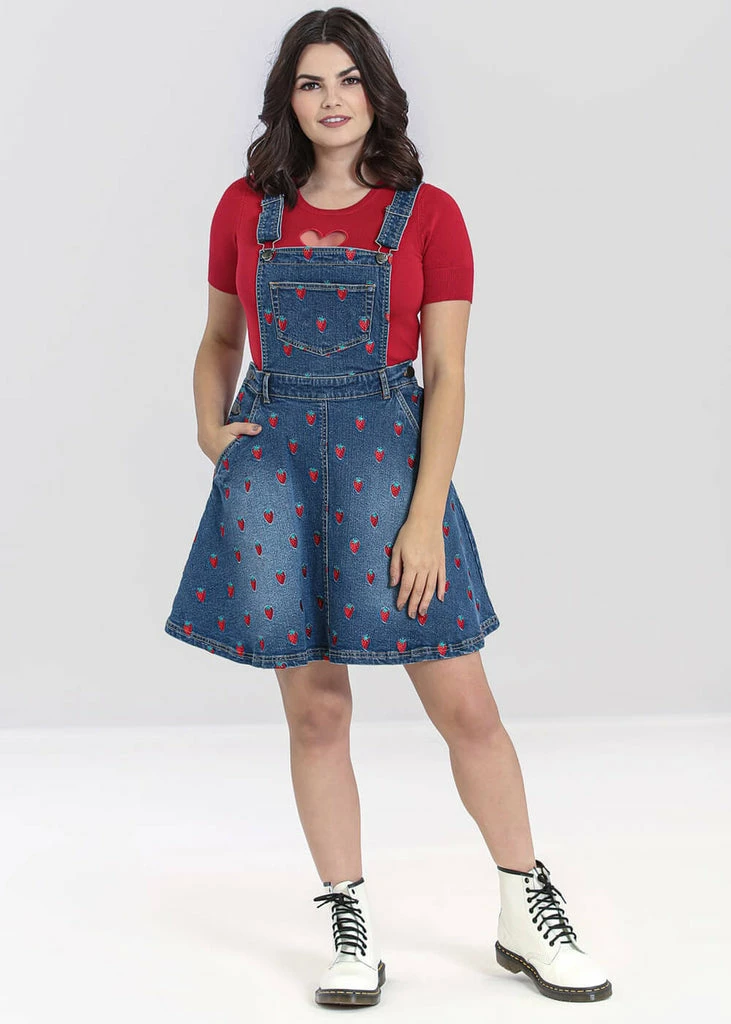 Hell Bunny Strawberry Denim 50's Pinafore Dress Blue - Image 3