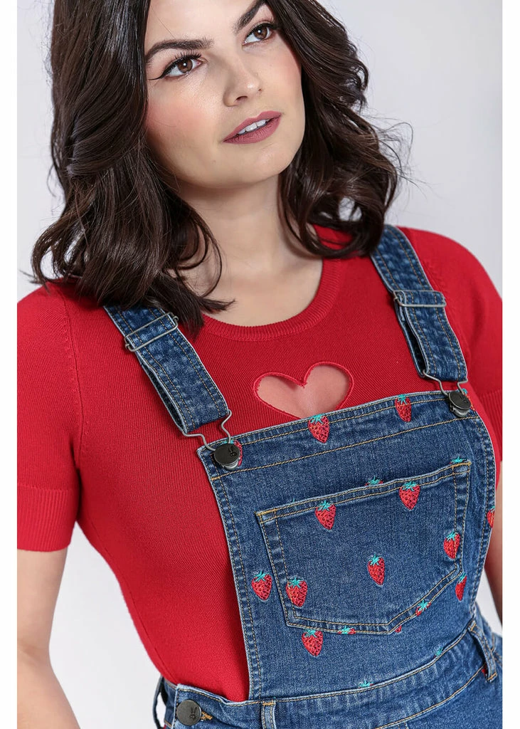 Hell Bunny Strawberry Denim 50's Pinafore Dress Blue - Image 4