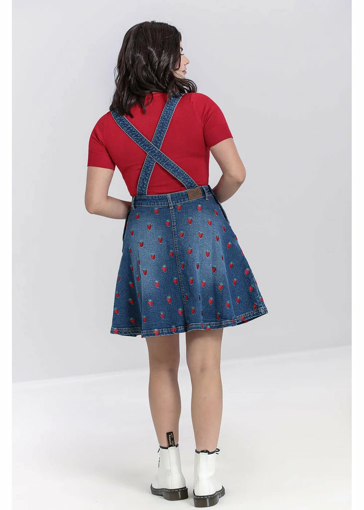 Hell Bunny Strawberry Denim 50's Pinafore Dress Blue - Image 5