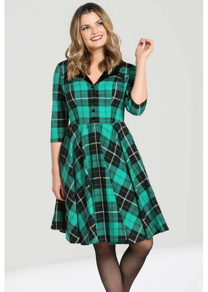 Hell Bunny Beryl Tartan 50's Swing Mid Dress Green - Image 3