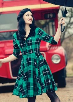 Hell Bunny Beryl Tartan 50's Swing Mid Dress Green
