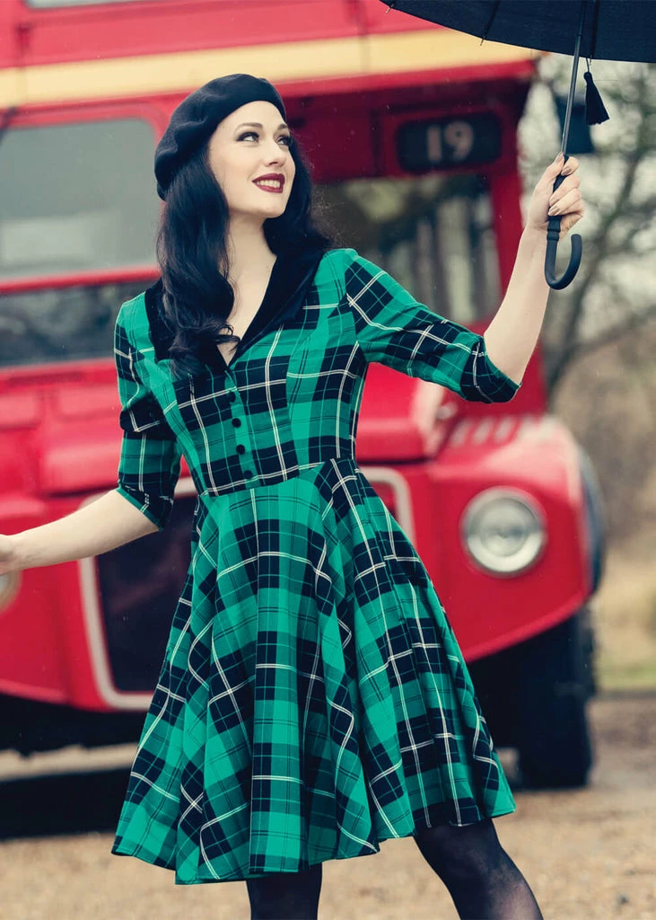 Hell Bunny Beryl Tartan 50's Swing Mid Dress Green