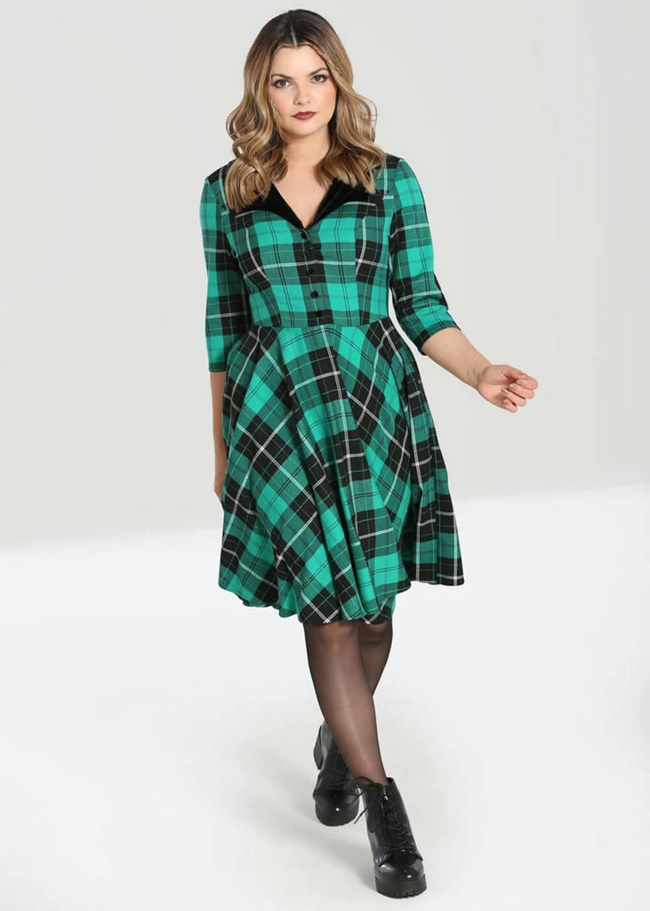 Hell Bunny Beryl Tartan 50's Swing Mid Dress Green - Image 5