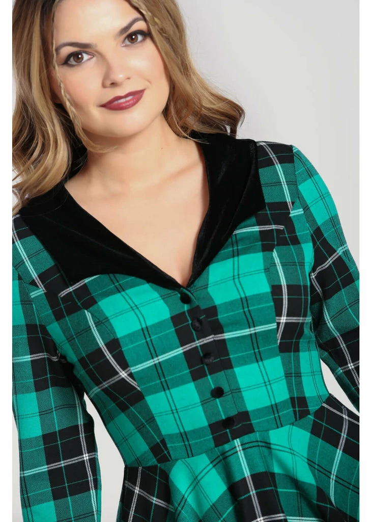 Hell Bunny Beryl Tartan 50's Swing Mid Dress Green - Image 6