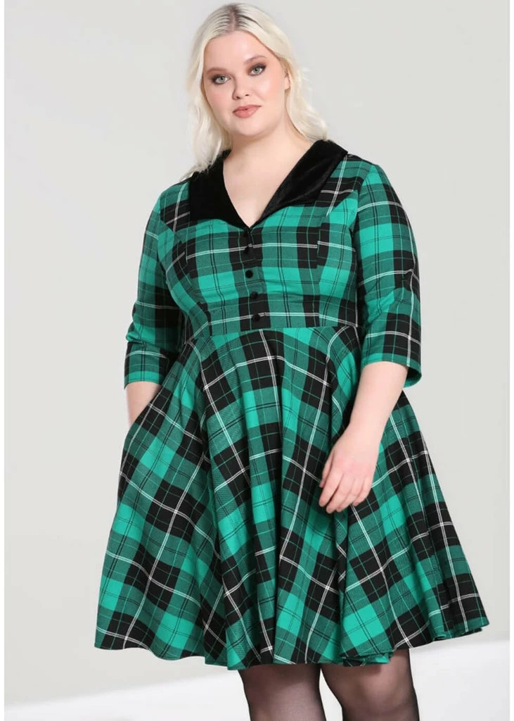 Hell Bunny Beryl Tartan 50's Swing Mid Dress Green - Image 2