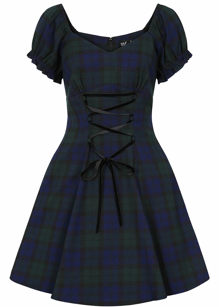 Hell Bunny Nora Dublin Tartan 60's Mini Dress Green