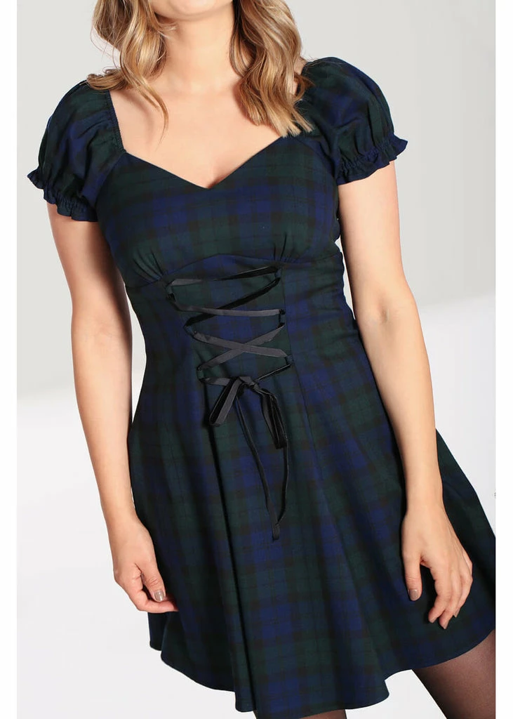 Hell Bunny Nora Dublin Tartan 60's Mini Dress Green - Image 4