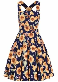Hell Bunny Sunflower 40's Pinafore Swing Dress Blue