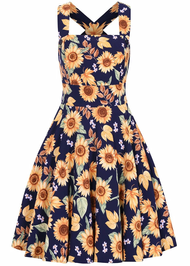 Hell Bunny Sunflower 40's Pinafore Swing Dress Blue