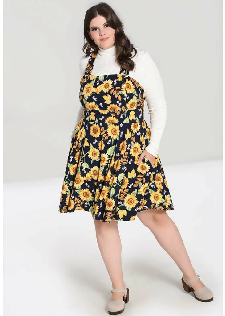 Hell Bunny Sunflower 40's Pinafore Swing Dress Blue - Image 6