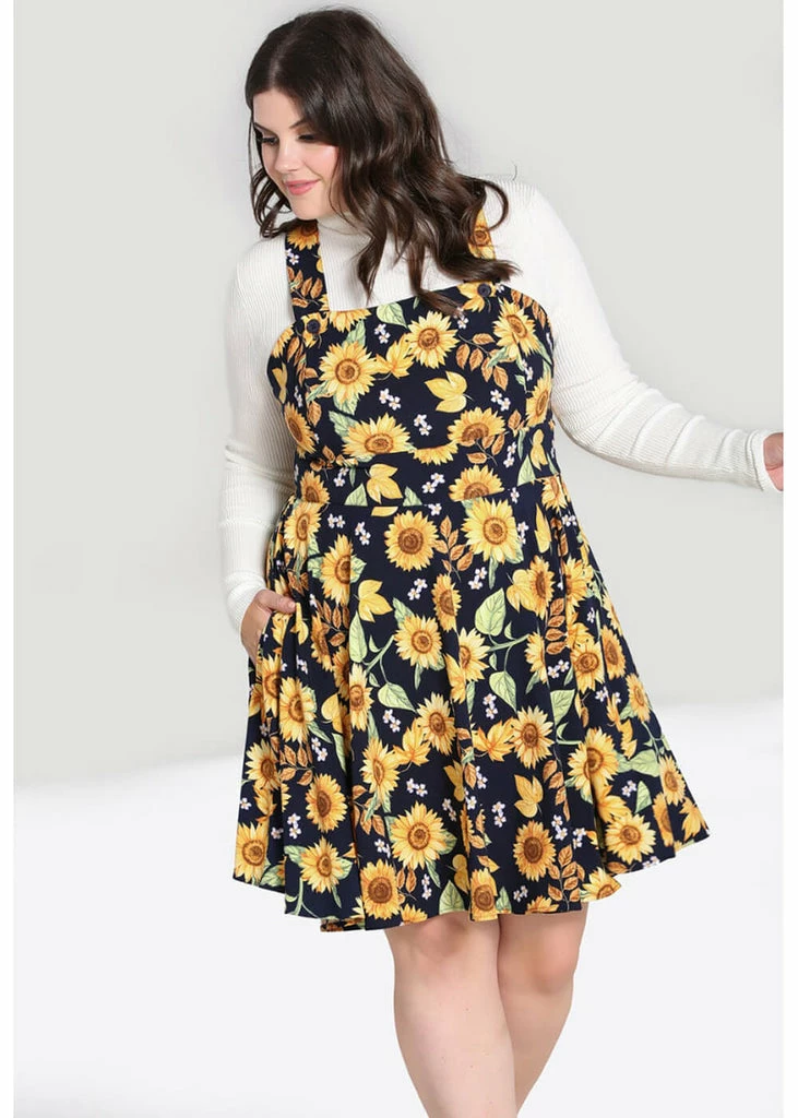 Hell Bunny Sunflower 40's Pinafore Swing Dress Blue - Image 2