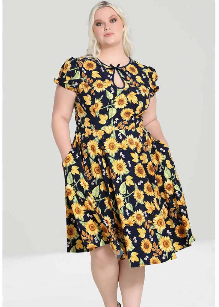 Hell Bunny Sunflower 40's Swing Dress Blue - Image 3
