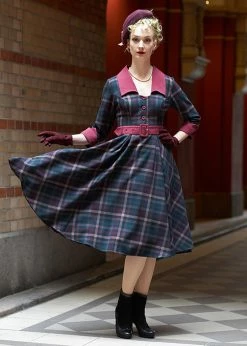 Miss Candyfloss Natalia Bo Tartan 50's Swing Dress Wine