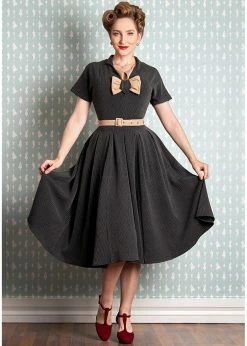 Miss Candyfloss Adelia Sadie Stripe 40's Swing Dress Beige