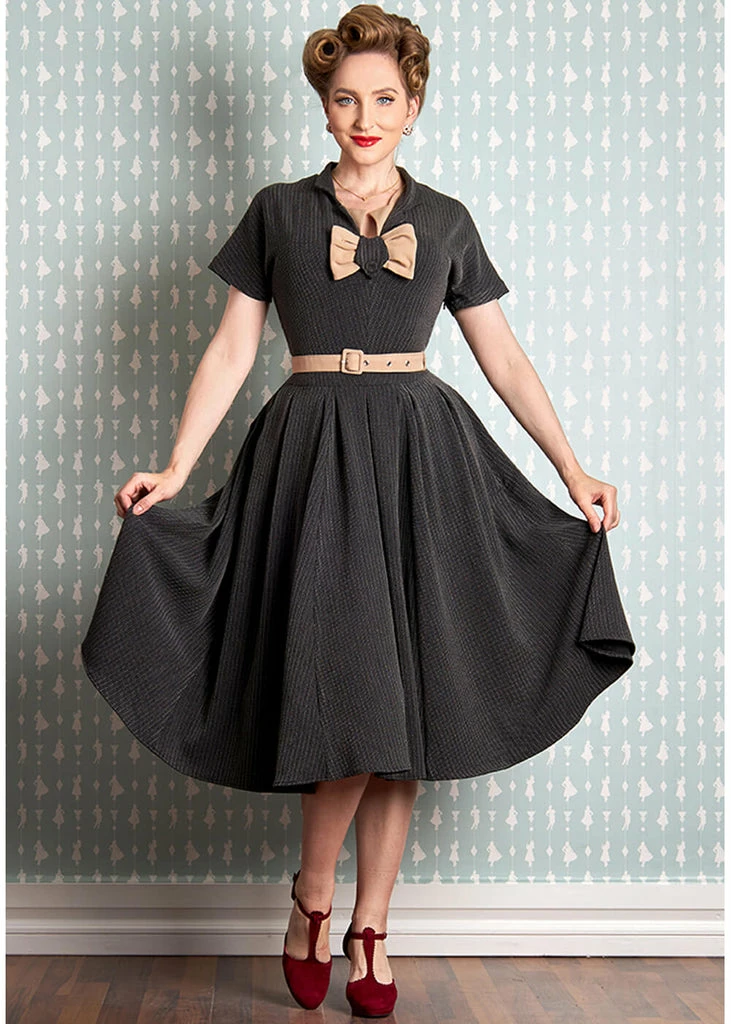 Miss Candyfloss Adelia Sadie Stripe 40's Swing Dress Beige