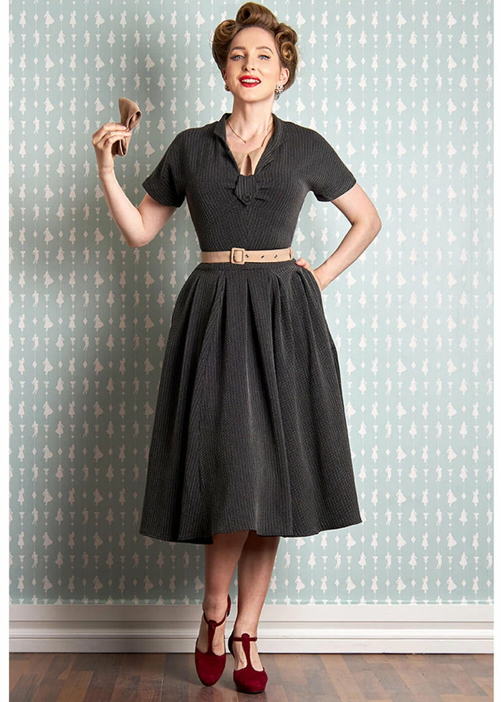 Miss Candyfloss Adelia Sadie Stripe 40's Swing Dress Beige - Image 6