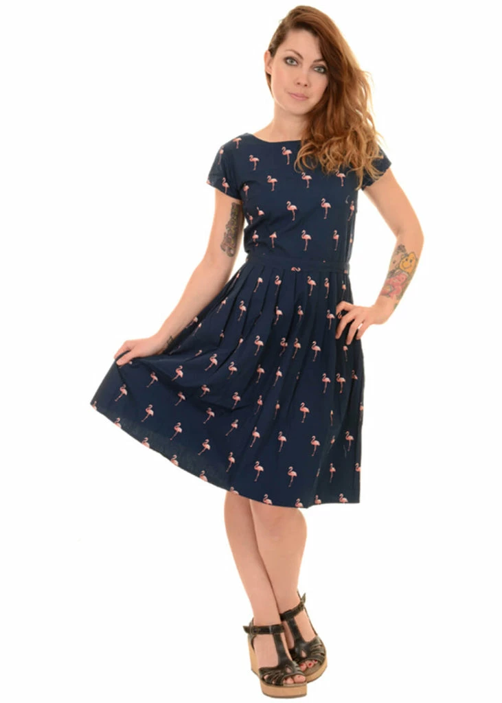 Run And Fly Flamingo Pose 50's Dress Navy - Image 4