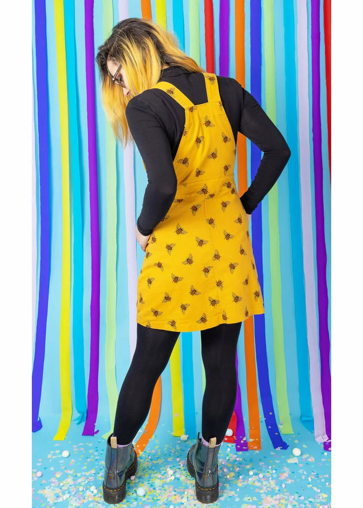 Run & Fly Bees Knees Twill 60's Pinafore Dress Gold - Image 3